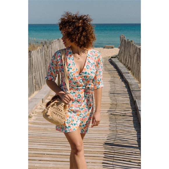 Sz 2 Ysé Paris Orange Fruits Mini Summer V Neck Wrap Dress GUC - Picture 7 of 7